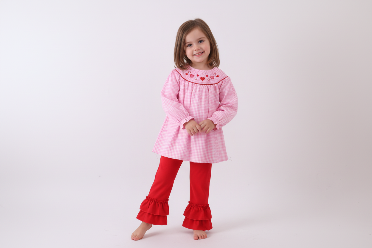 Pink heart smocked gingham ruffle pants set