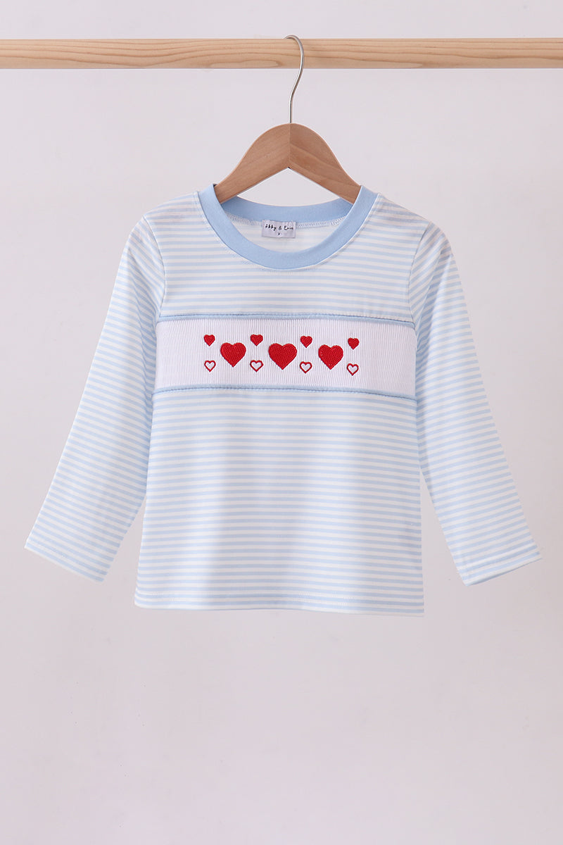 Blue heart smocked stripe top