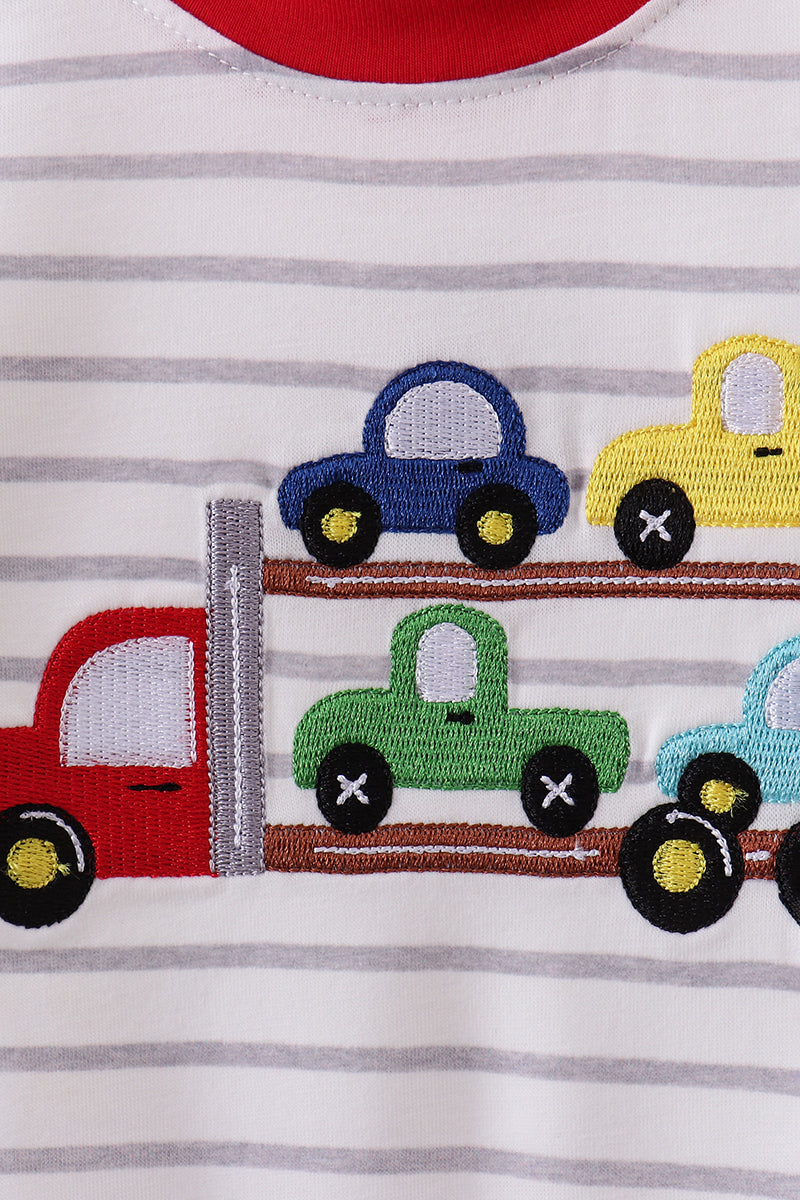 Red car embroidery stripe romper