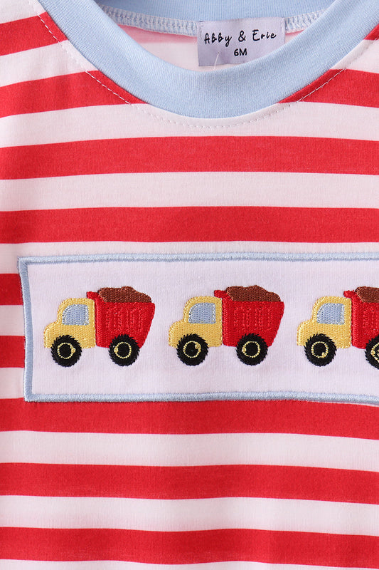 Red stripe construction embroidery romper