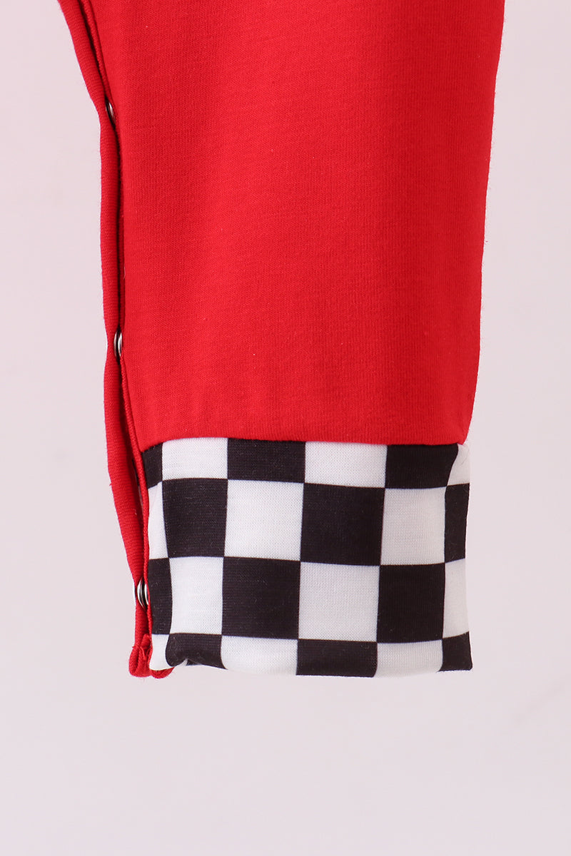 Red character applique checkered romper