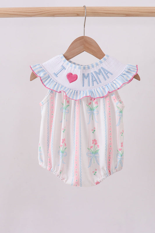 Blue floral I love MAMA smocked ruffle bubble