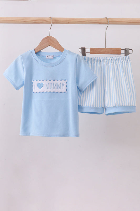 Blue I love MAMA smocked shorts set