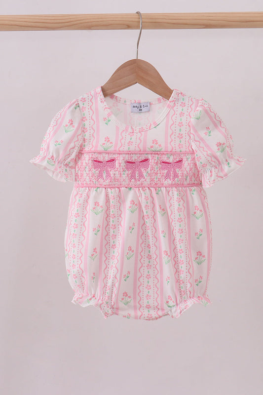 Pink floral bow smocked bubble