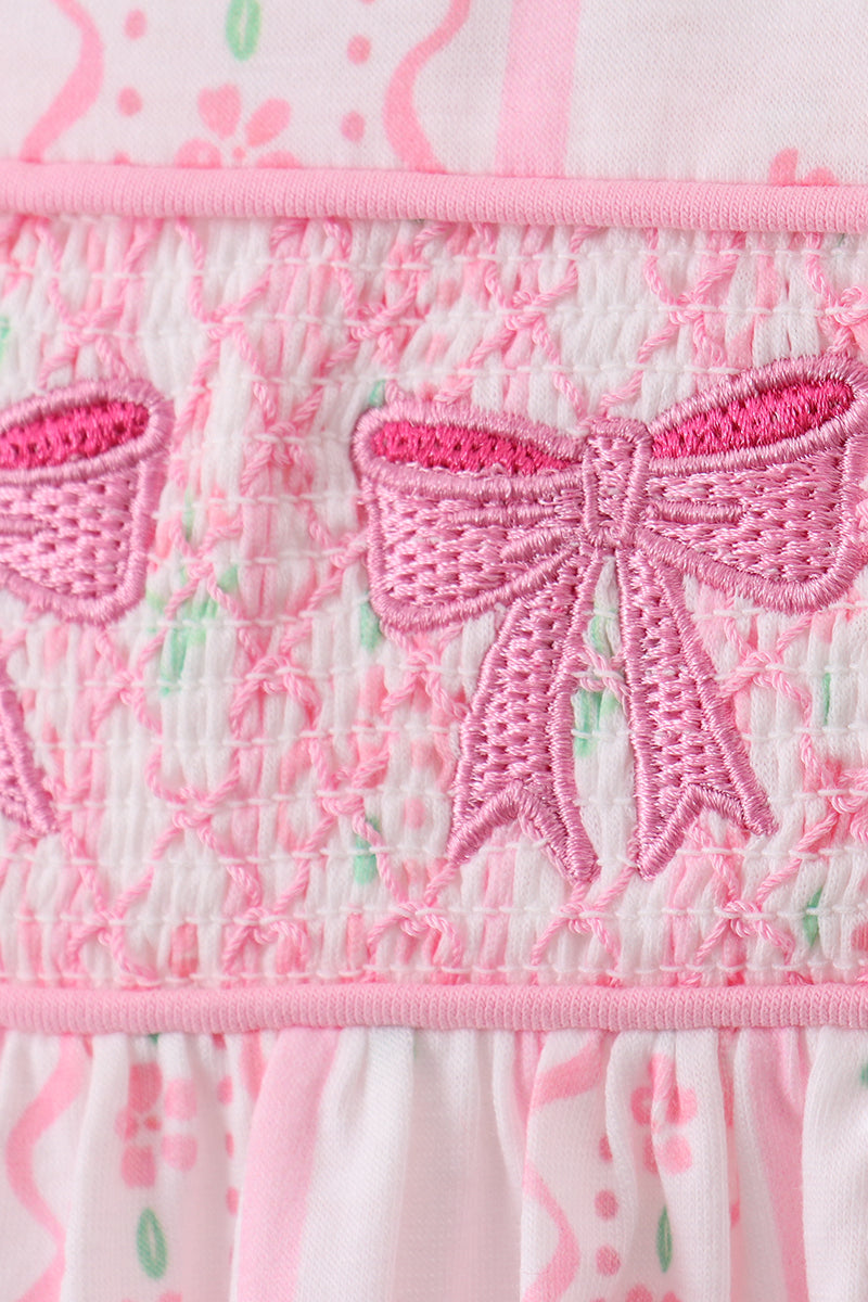 Pink floral bow smocked bloomer set