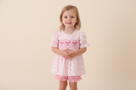Pink floral bow smocked bloomer set