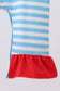 Blue character embroidery stripe ruffle romper