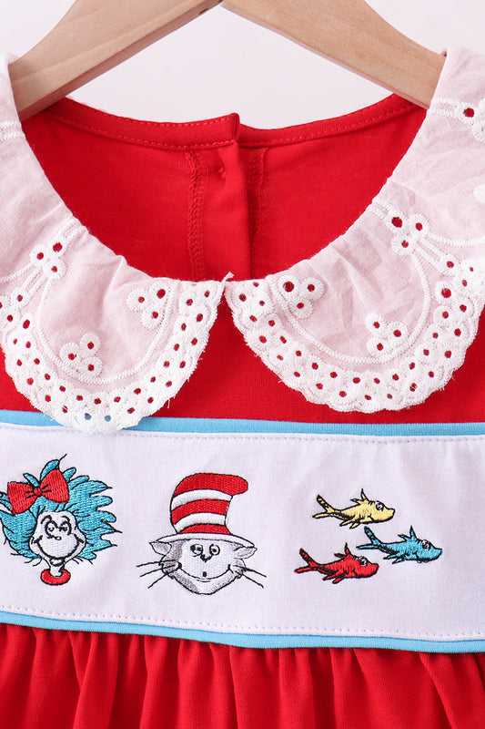 Red character embroidery bow dress