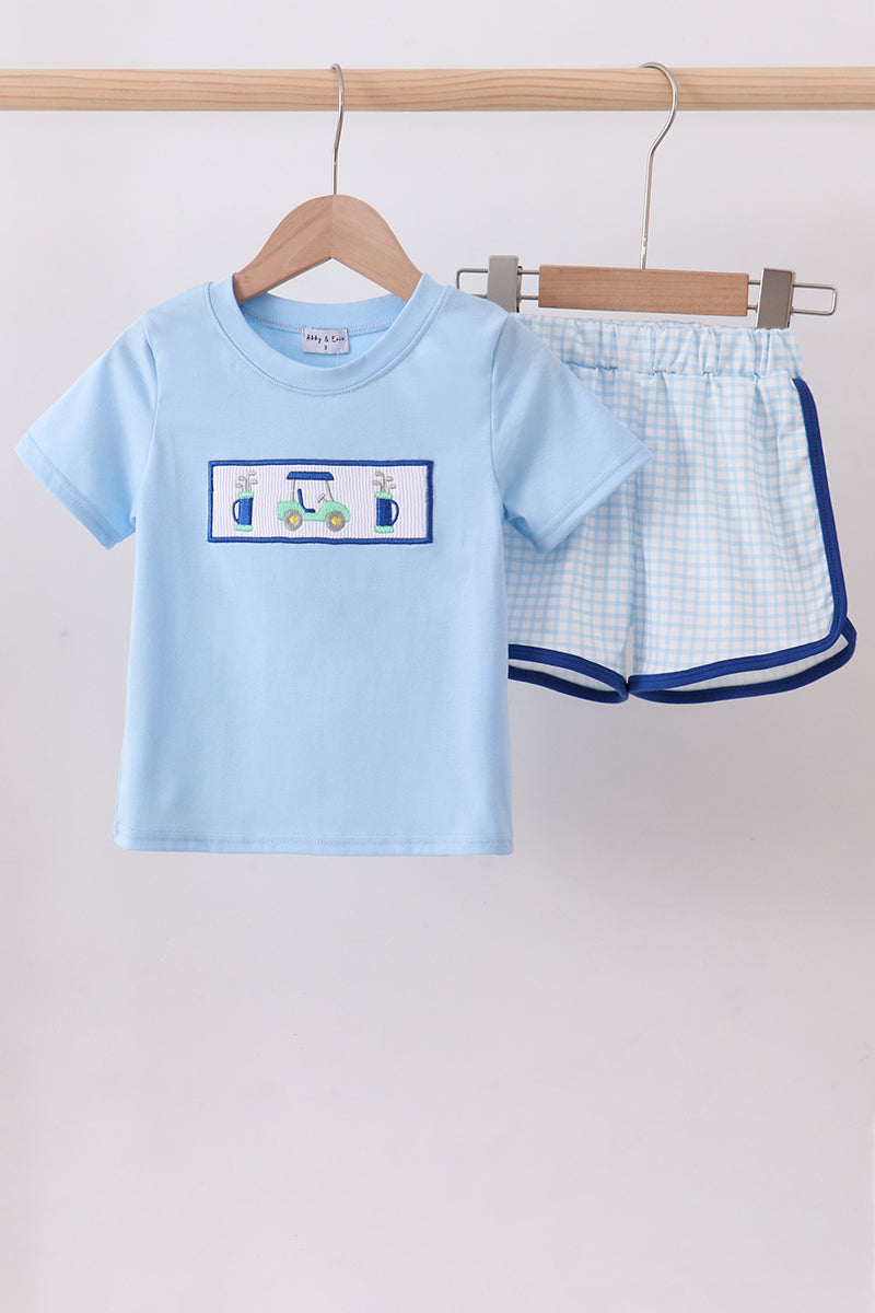 Blue golf cart smocked shorts set