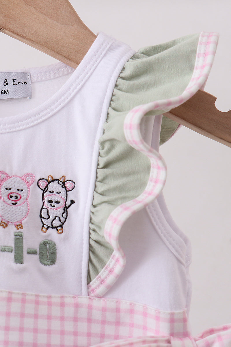 Green farm animal embroidery ruffle bubble