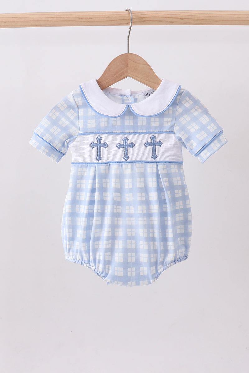 Blue cross smocked plaid bubble