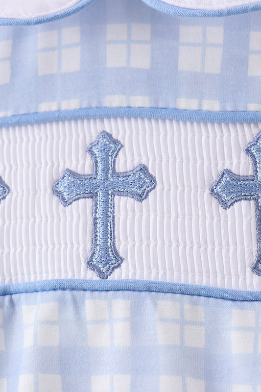 Blue cross smocked plaid bubble