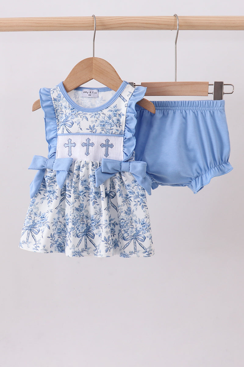 Blue floral cross smocked bloomer set