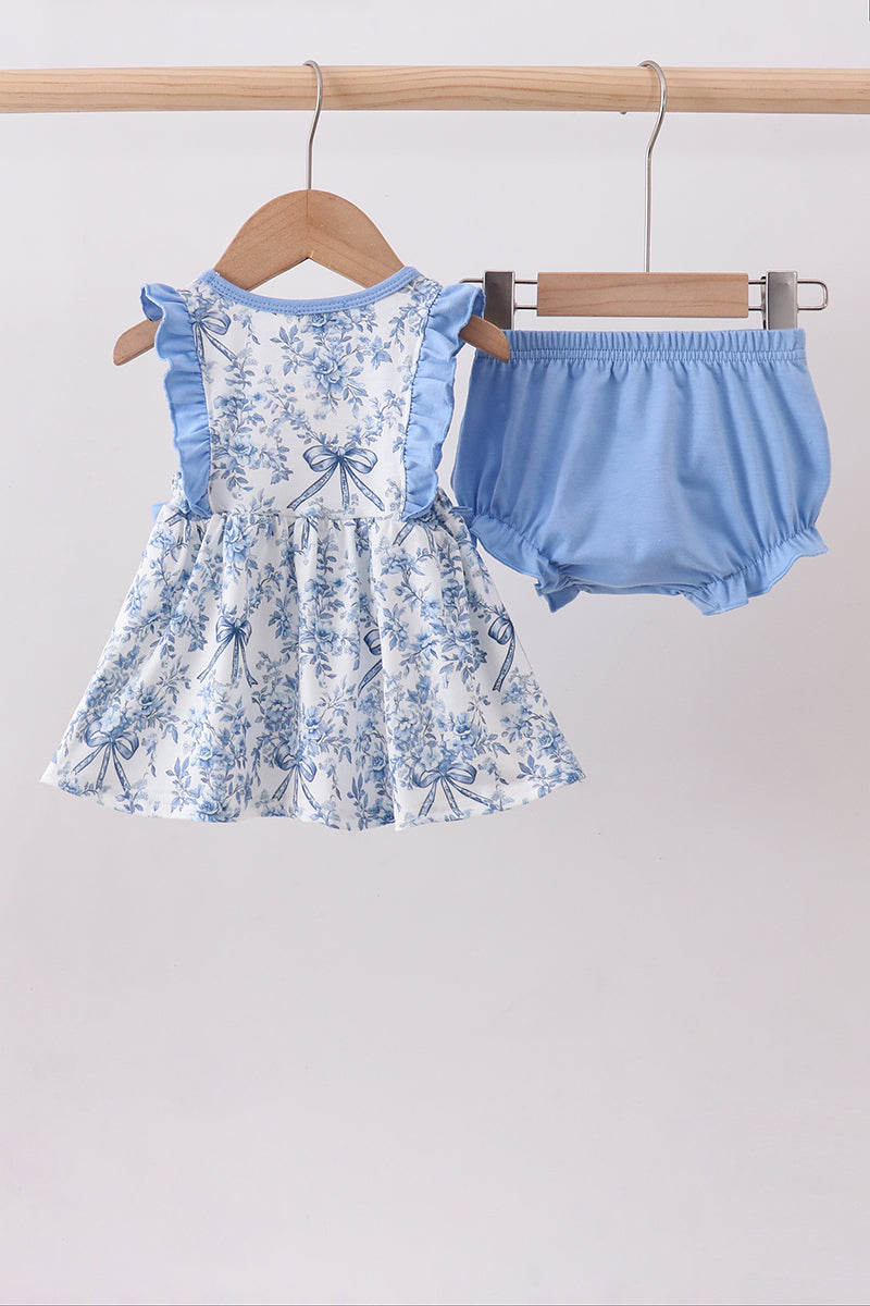 Blue floral cross smocked bloomer set