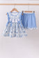Blue floral cross smocked ruffle shorts set