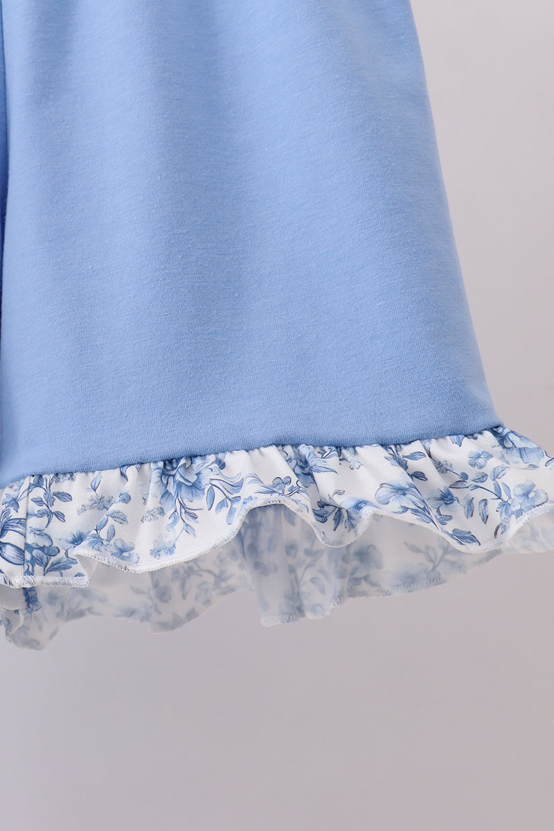 Blue floral cross smocked ruffle shorts set