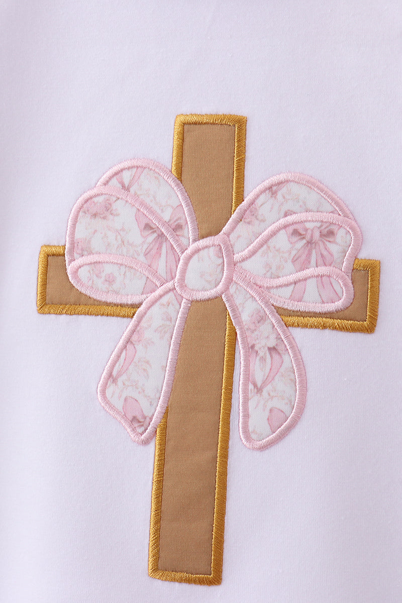 Pink bowknot cross applique skort set