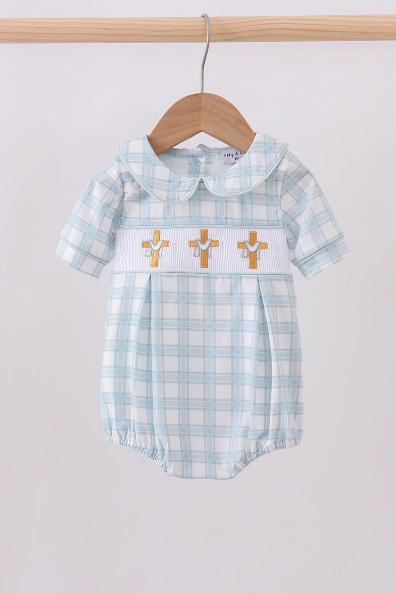 Blue cross smocked plaid bubble