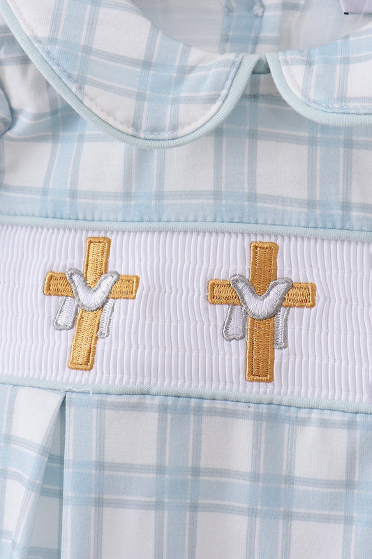 Blue cross smocked plaid bubble