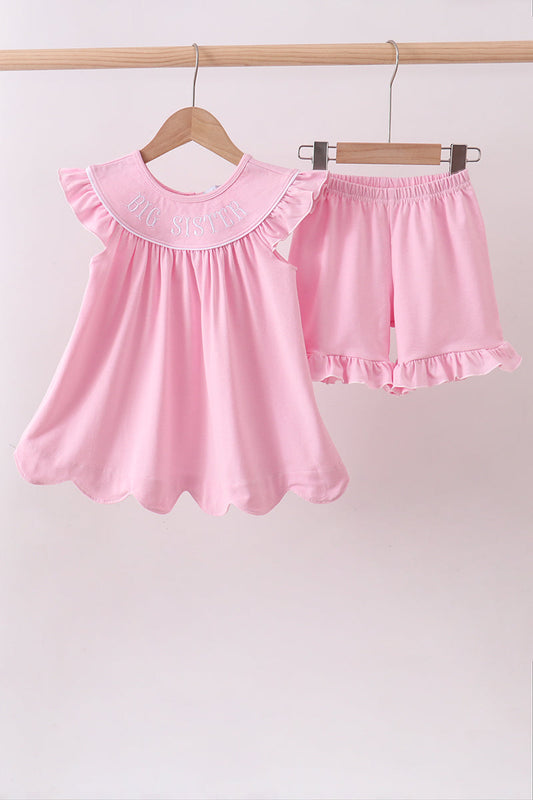 Pink big sister embroidery ruffle shorts set