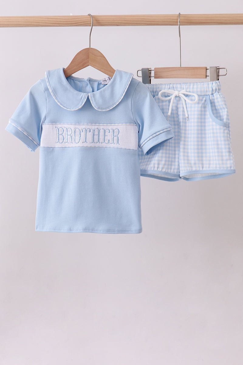 Blue brother smocked shorts set