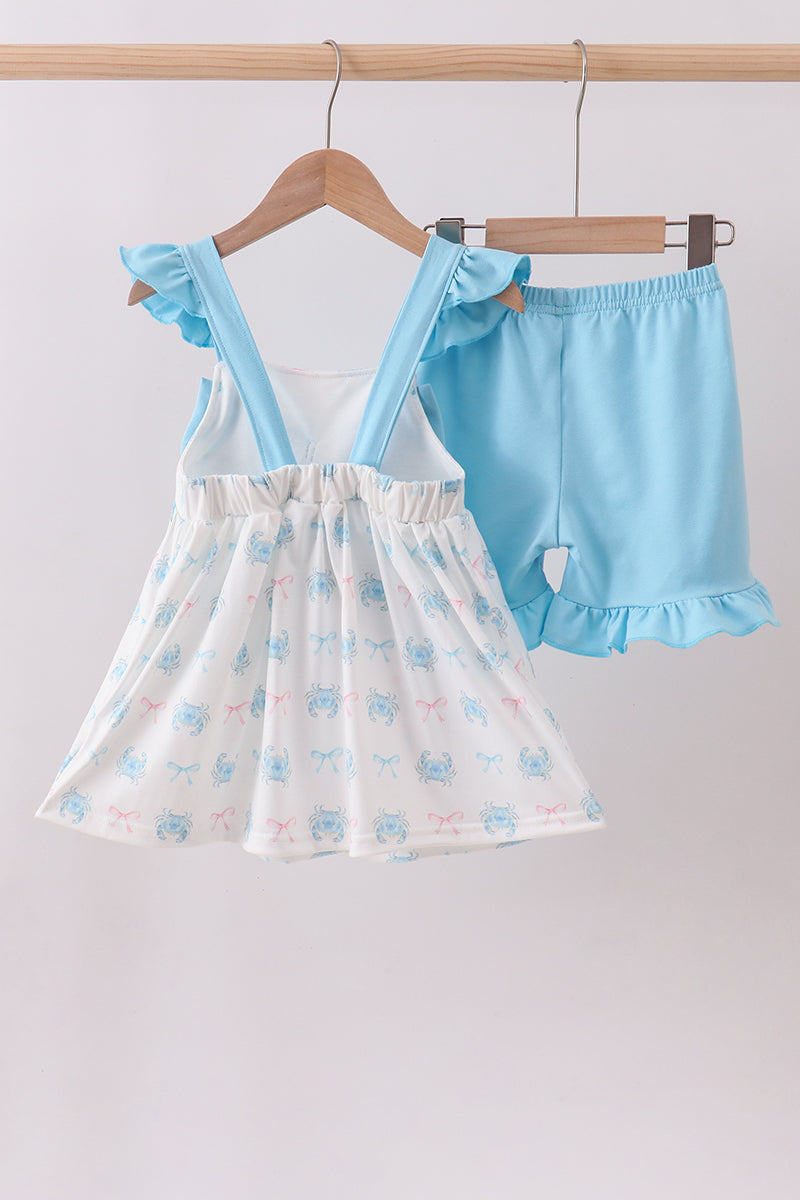 Blue crab print bow ruffle shorts set