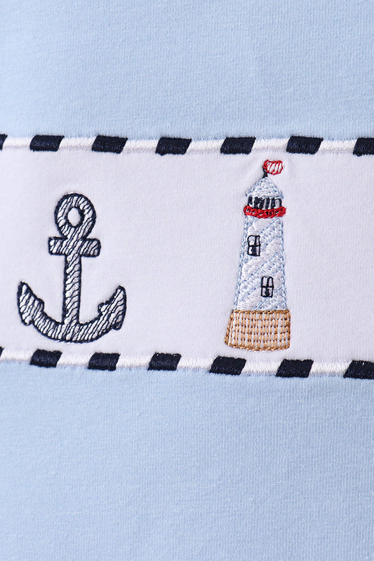 Blue sailboat embroidery gingham shorts set