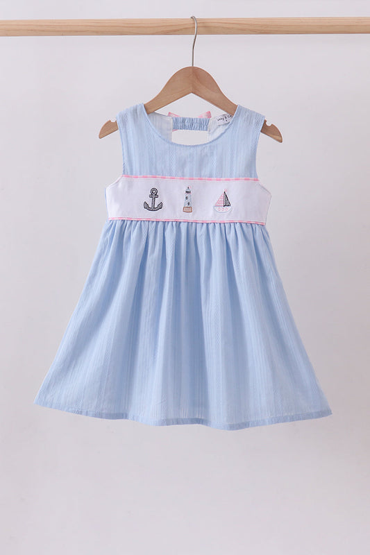 Blue sailboat embroidery jacquard dress