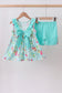 Blue sailboat print ruffle shorts set