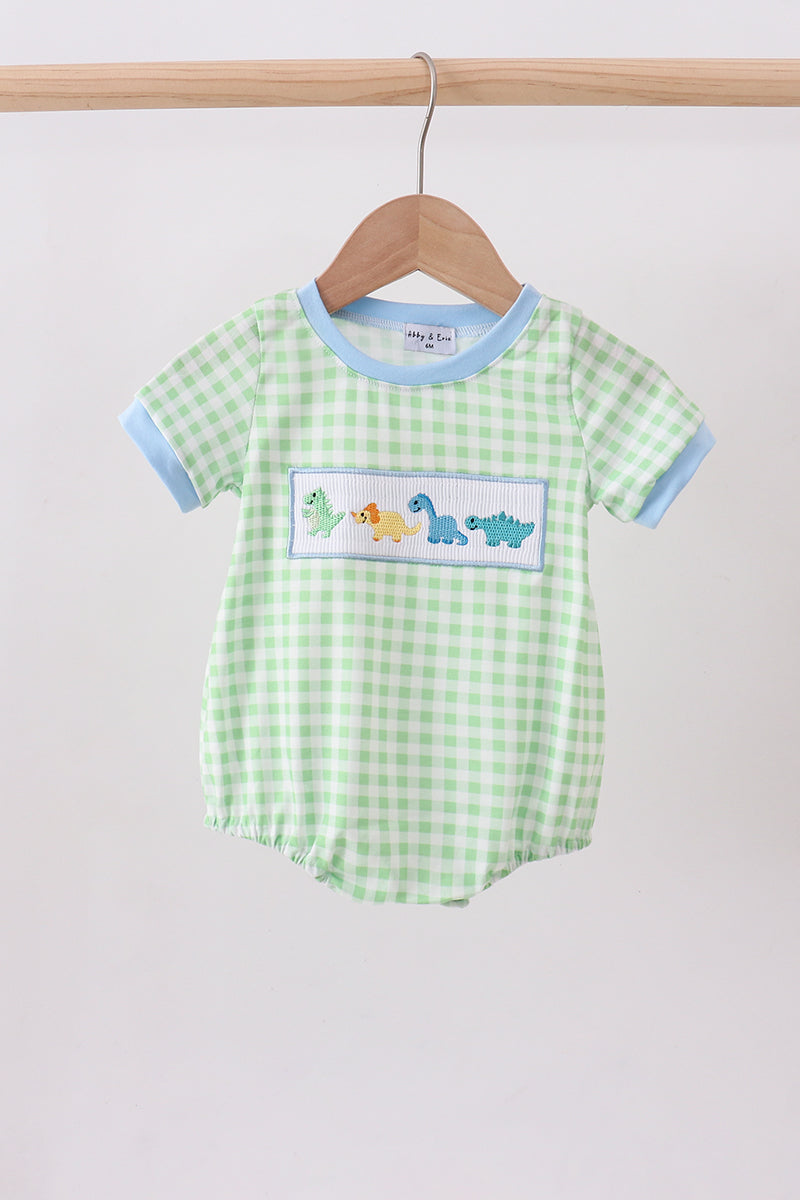 Green dinosaur smocked gingham bubble