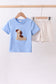 Blue puppy french knot stripe shorts set