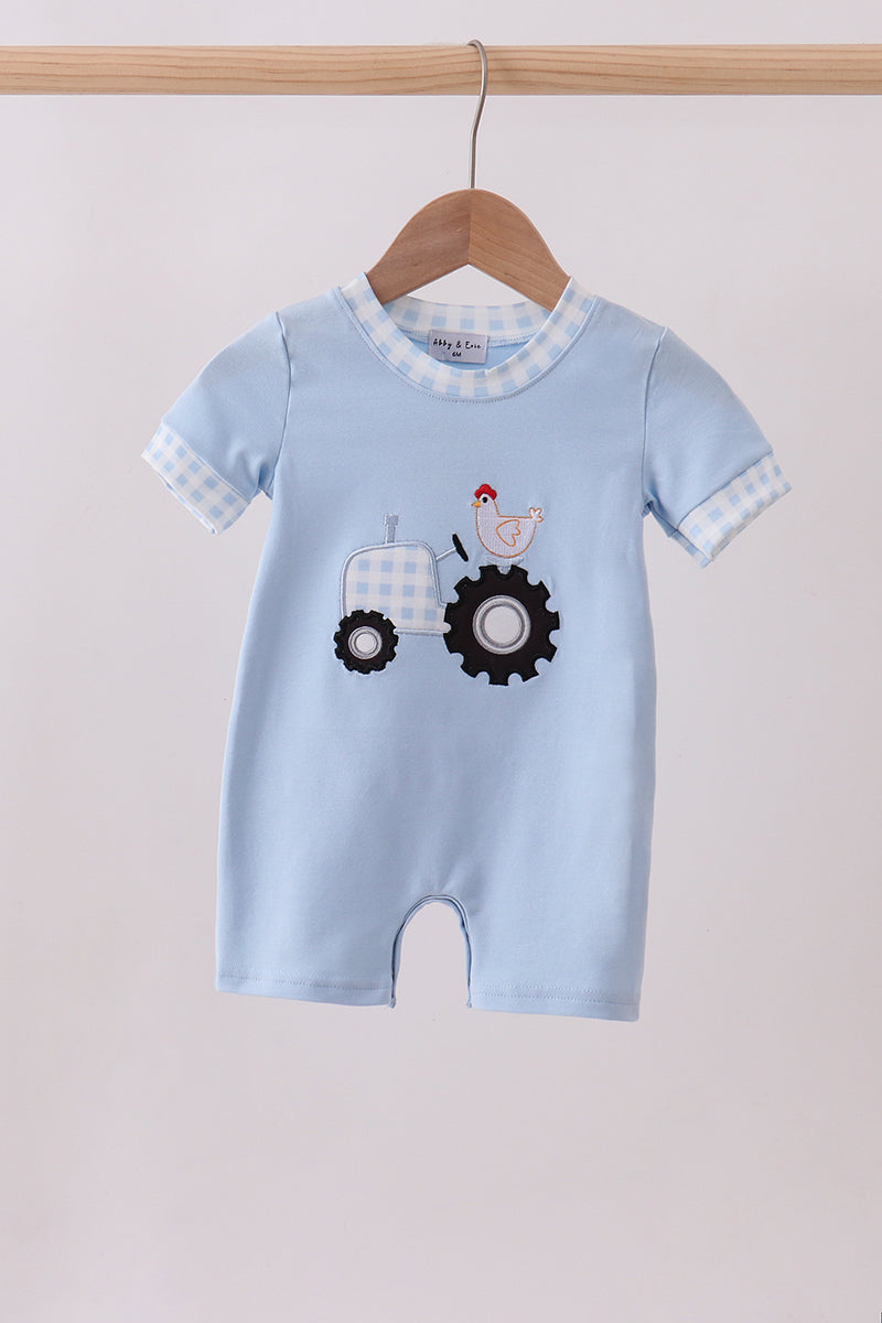 Blue tractor applique romper