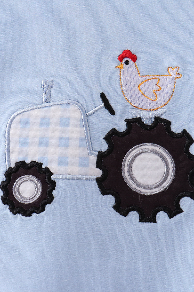 Blue tractor applique romper