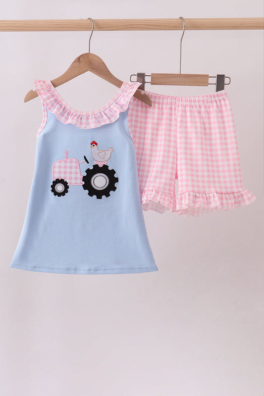 Blue tractor applique ruffle shorts set