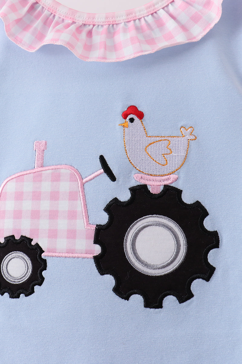 Blue tractor applique ruffle shorts set