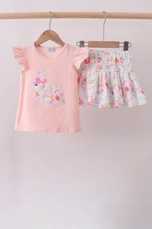 Pink floral bunny applique skorts set