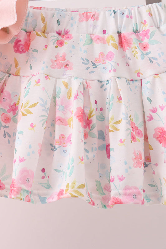 Pink floral bunny applique skorts set