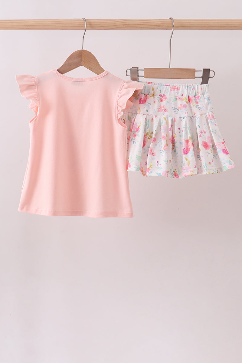 Pink floral bunny applique skorts set