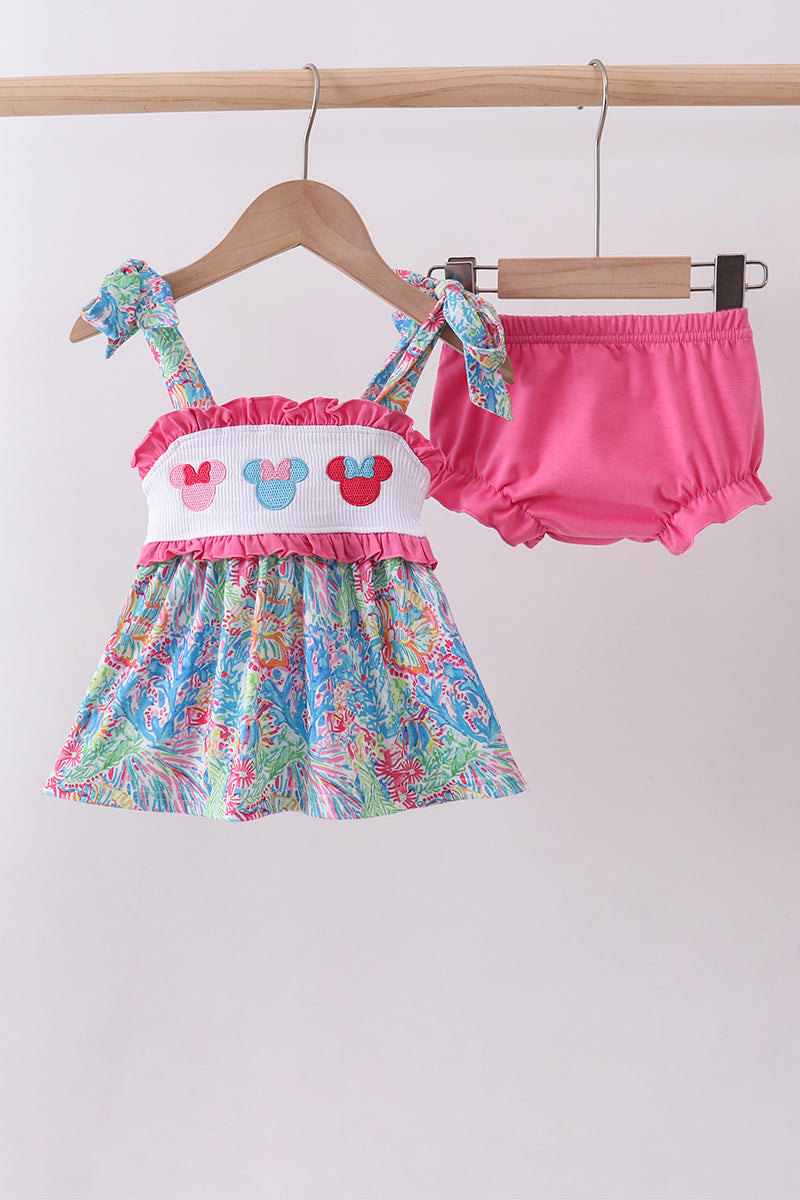 Pink character smocked ruffle bloomer set