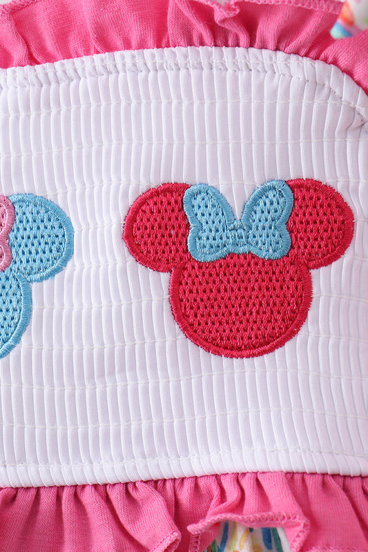 Pink character smocked ruffle bloomer set