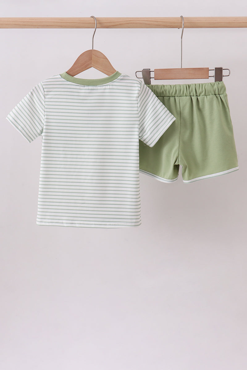 Sage stripe puppy embroidery shorts set