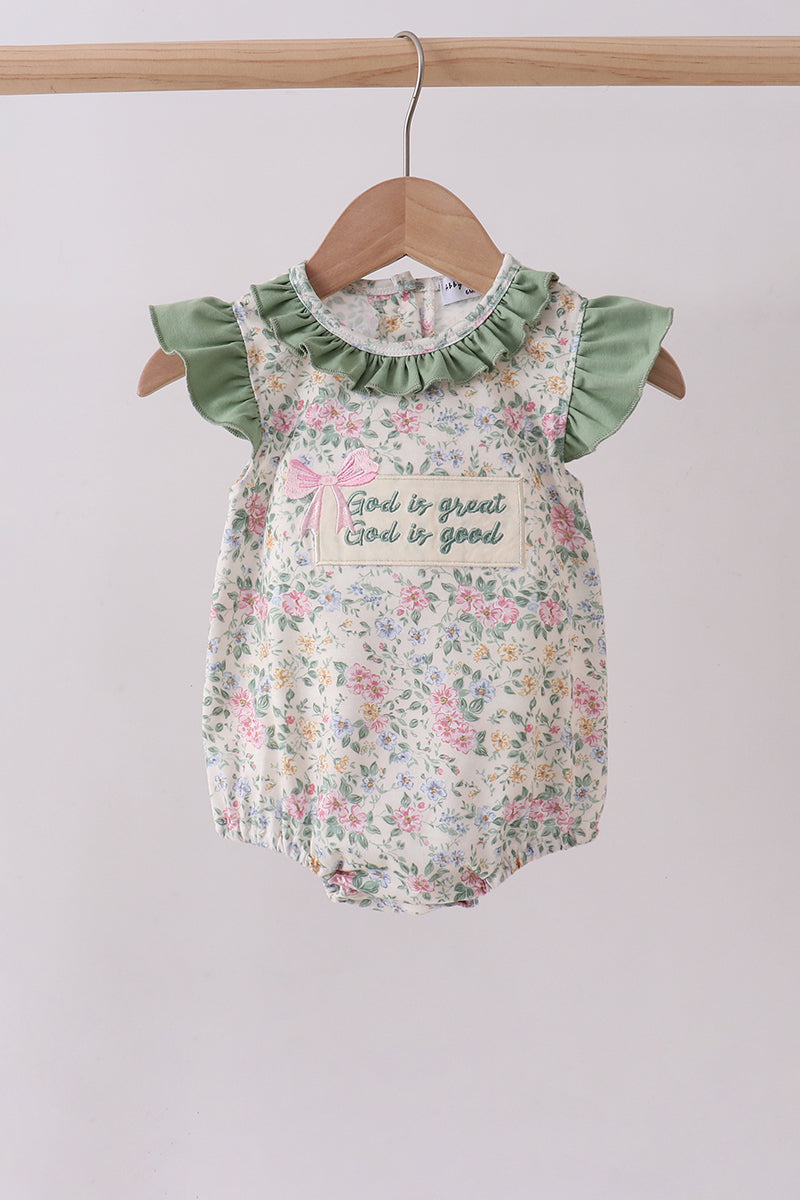 Green floral print bow ruffle bubble