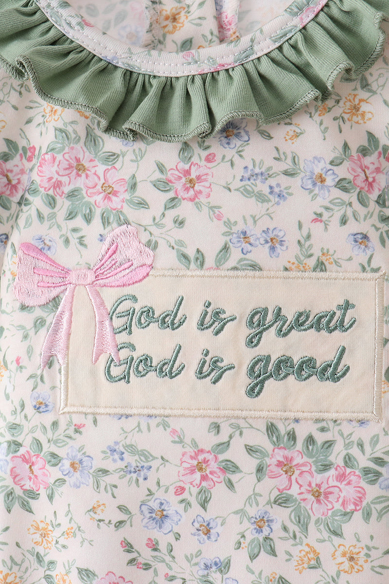 Green floral print bow ruffle bubble