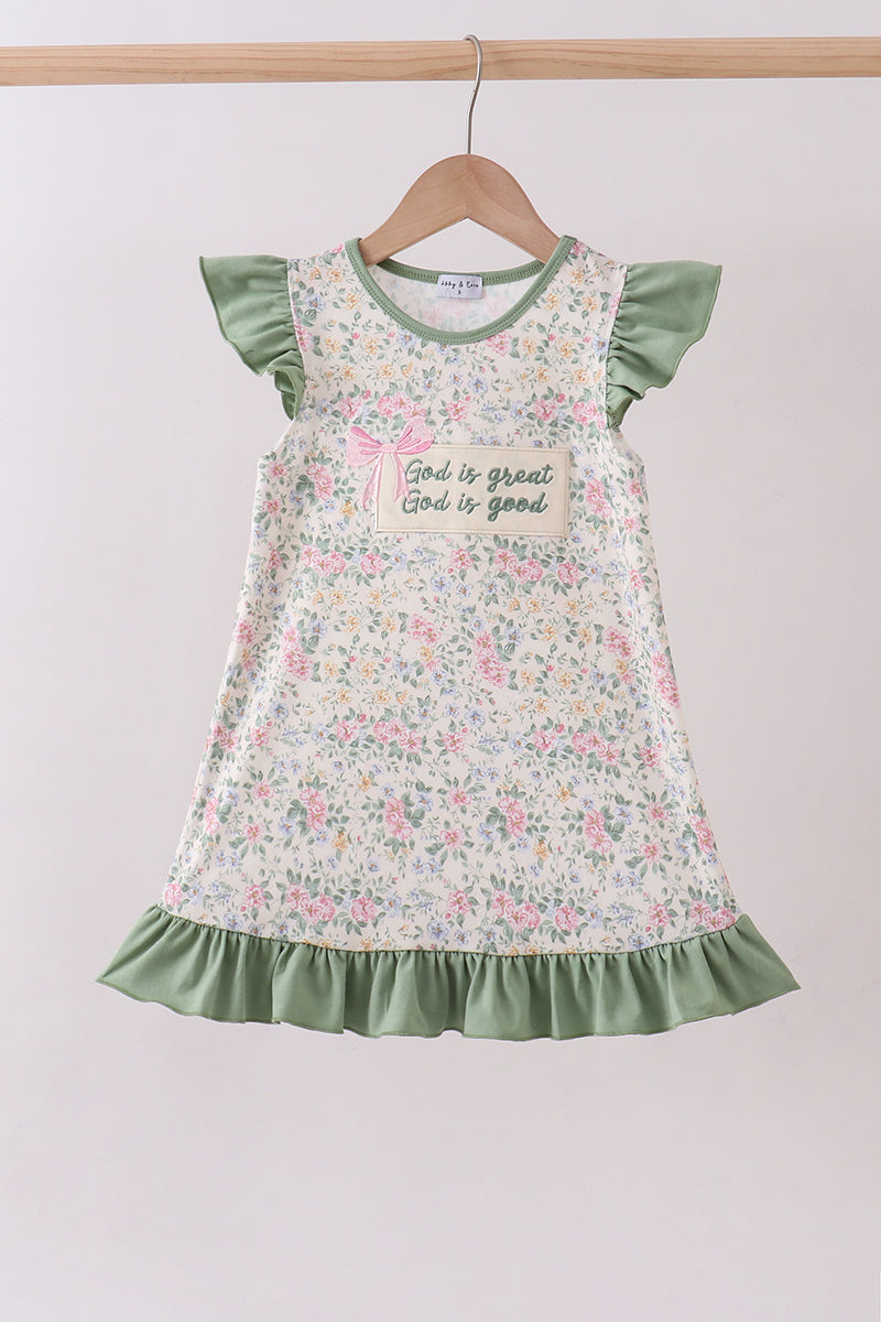 Green floral print bow ruffle dress