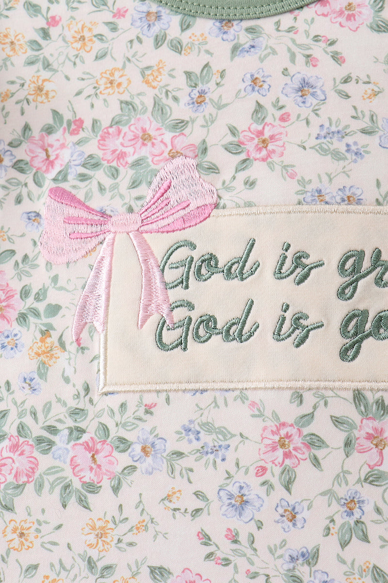 Green floral print bow ruffle dress