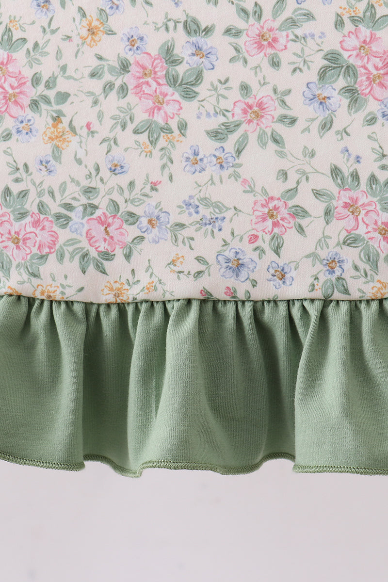 Green floral print bow ruffle dress