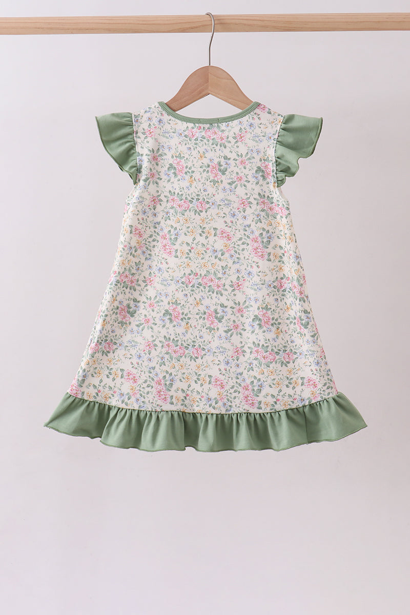 Green floral print bow ruffle dress