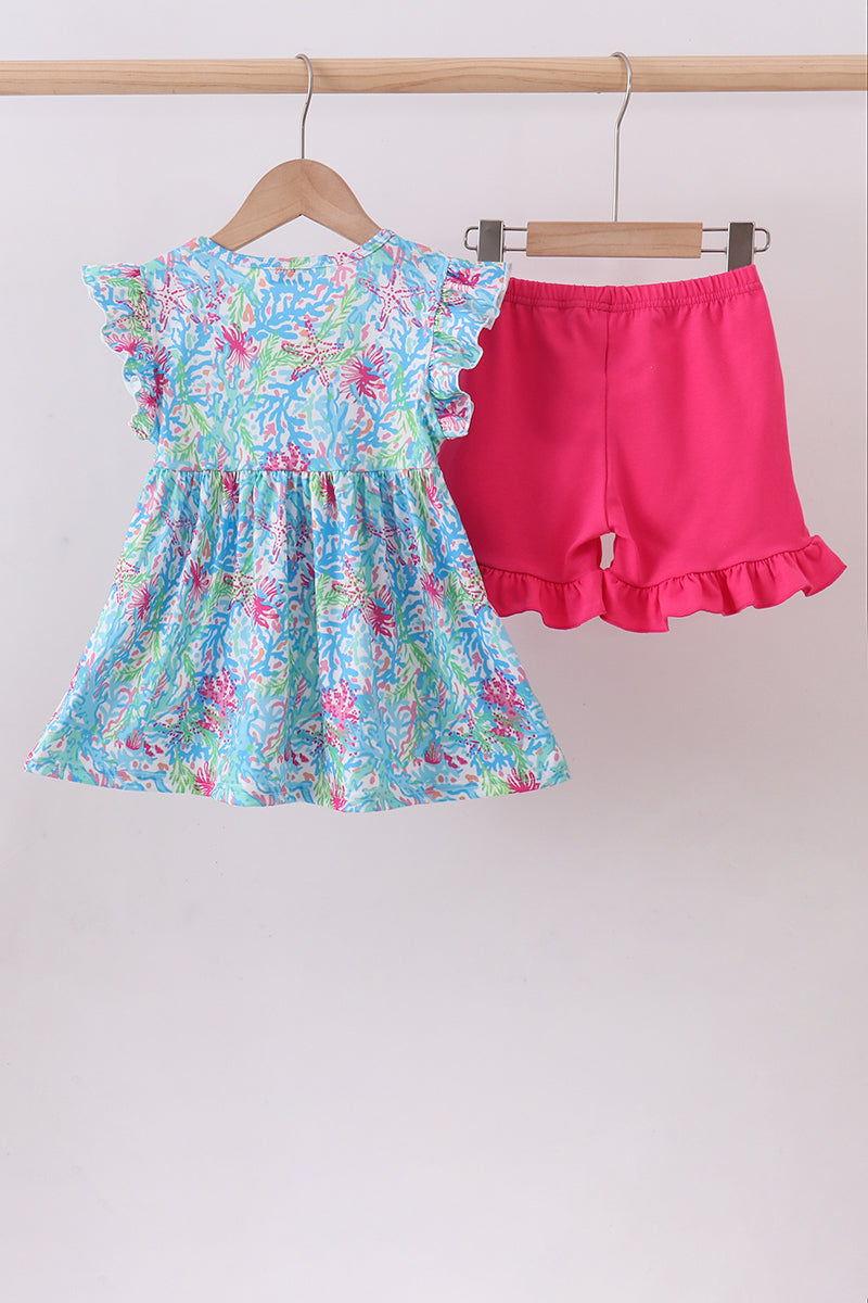 Mint island bloom 2pc ruffle shorts set