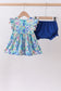 Blue floral print ruffle bloomer set