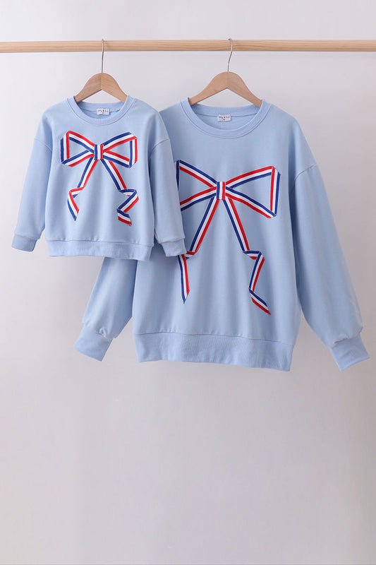 Blue Patriotic hand-sewn bow mom&me sweatshirt
